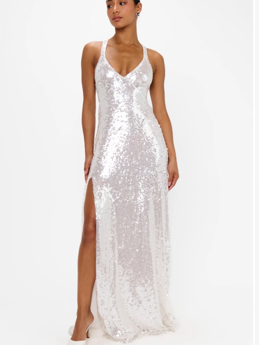 Show Me Your MuMu Silver Sequin V-Neck Maxi Dress with High Slit